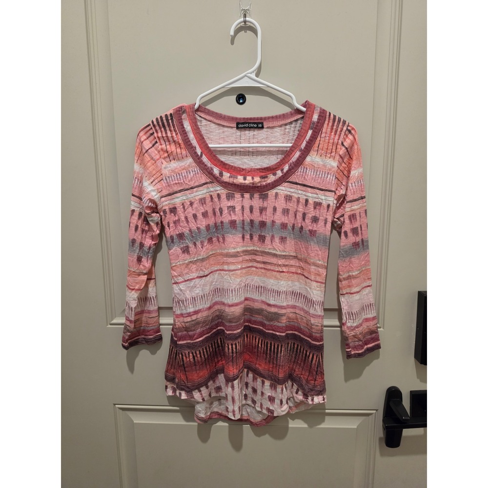 David Cline Womens Top XS Pink Tribal Stripe 3/4 Sleeve Scoop Neck